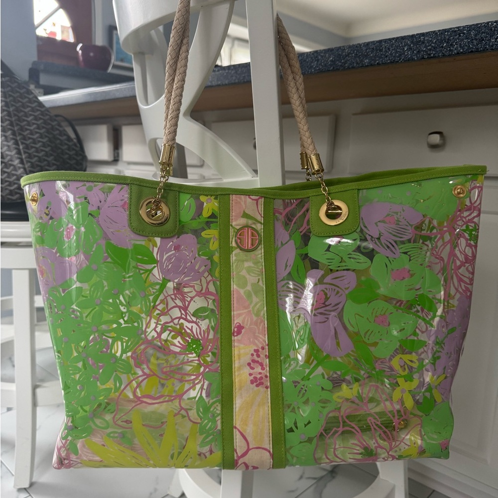 Lilly Pulitzer Green and Pink/Purple Floral Tote with inside pouch.